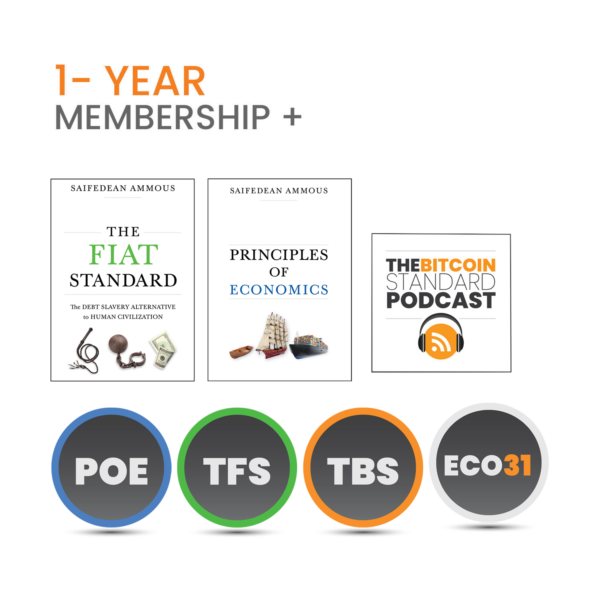 Cover of The Fiat Standard, Principles of Economics, Course badges saying POE, TBS, TFS and ECO31
