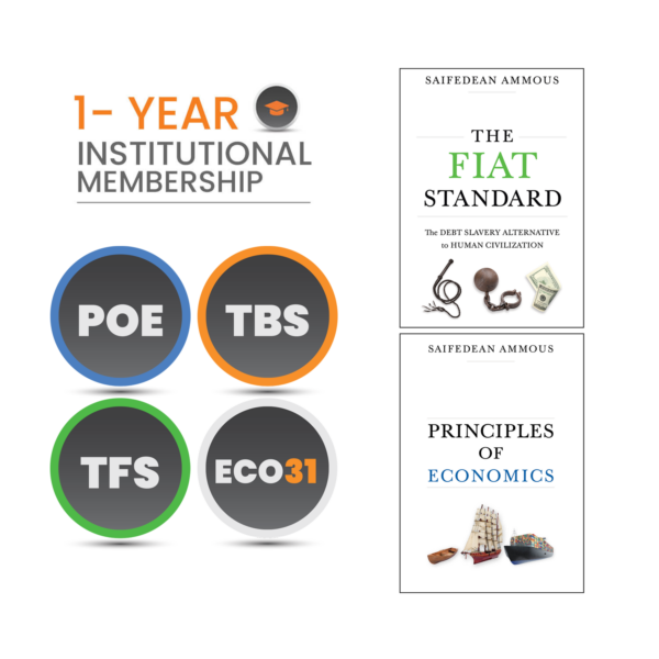 Cover of The Fiat Standard, Principles of Economics, Course badges saying POE, TBS, TFS and ECO31