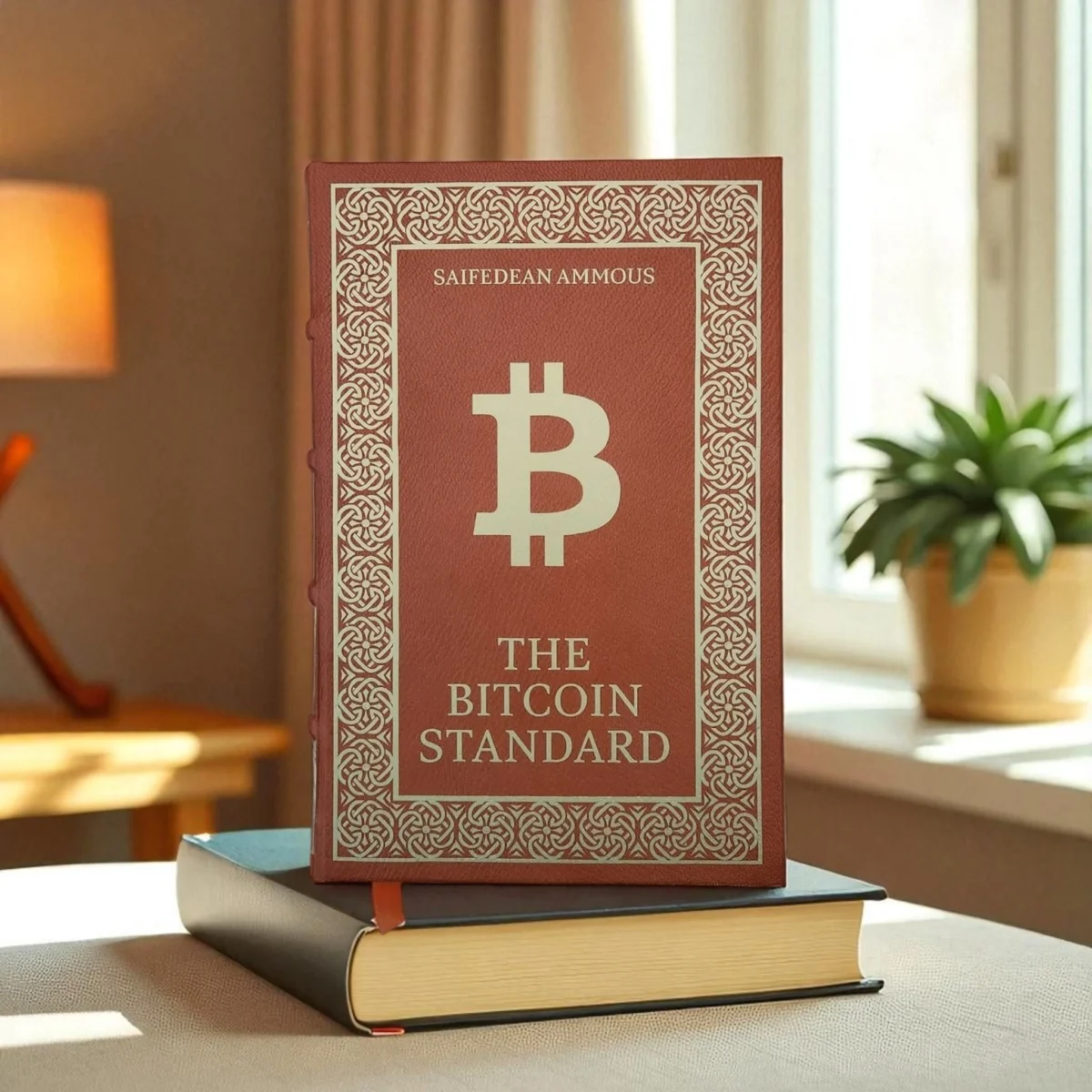 Custom leather bound edition of The Bitcoin Standard book by Saifedean Ammous displayed on a table