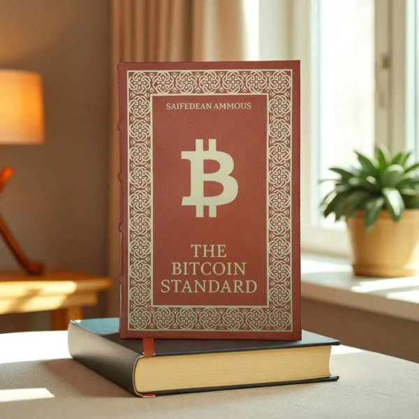 Custom leather bound edition of The Bitcoin Standard book by Saifedean Ammous displayed on a table